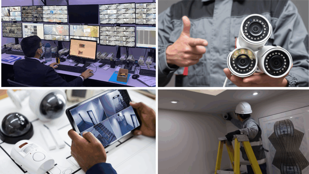 Técnico revisando cámaras de seguridad CCTV en un edificio corporativo en Lima, asegurando su correcto funcionamiento antes del periodo de vacaciones.