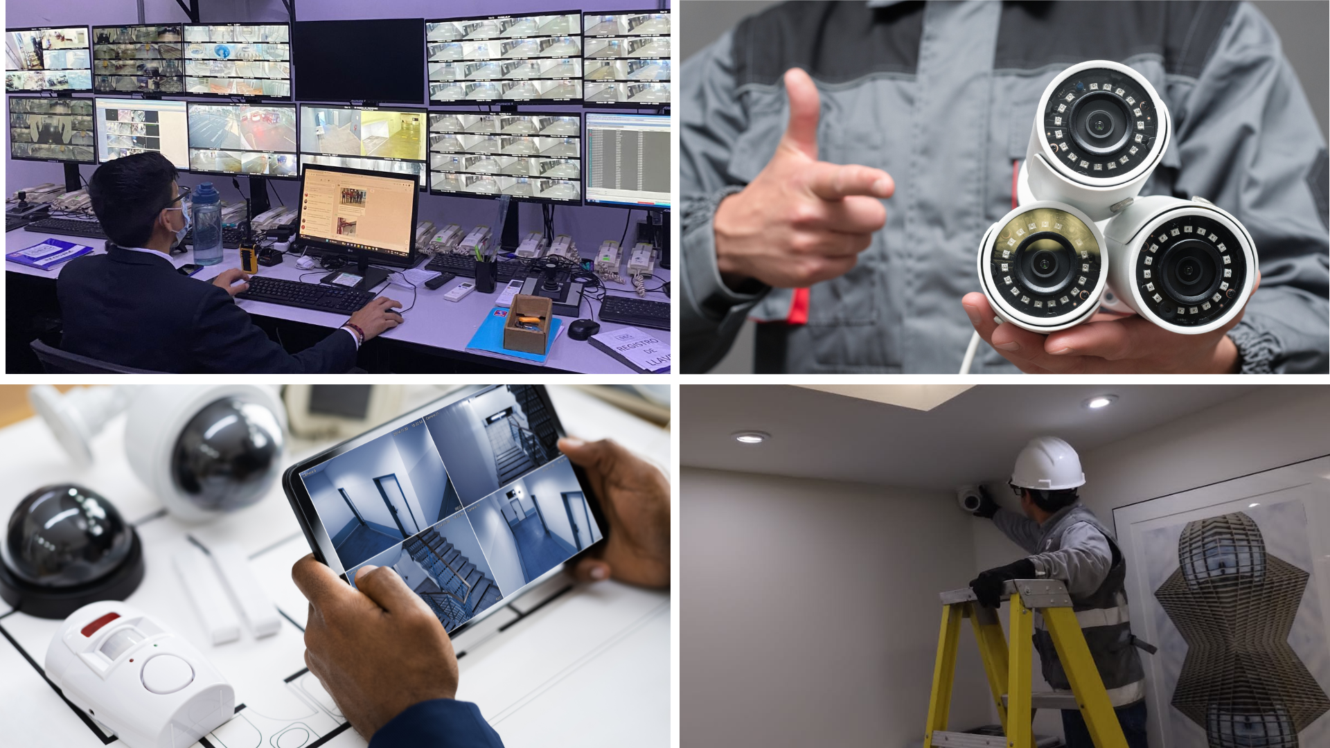 Técnico revisando cámaras de seguridad CCTV en un edificio corporativo en Lima, asegurando su correcto funcionamiento antes del periodo de vacaciones.